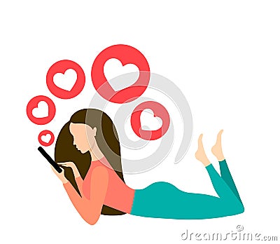 Girl using smartphone, lying. Social media like. Young woman holding smartphone in hands. Like button icons flying out of mobile p Vector Illustration